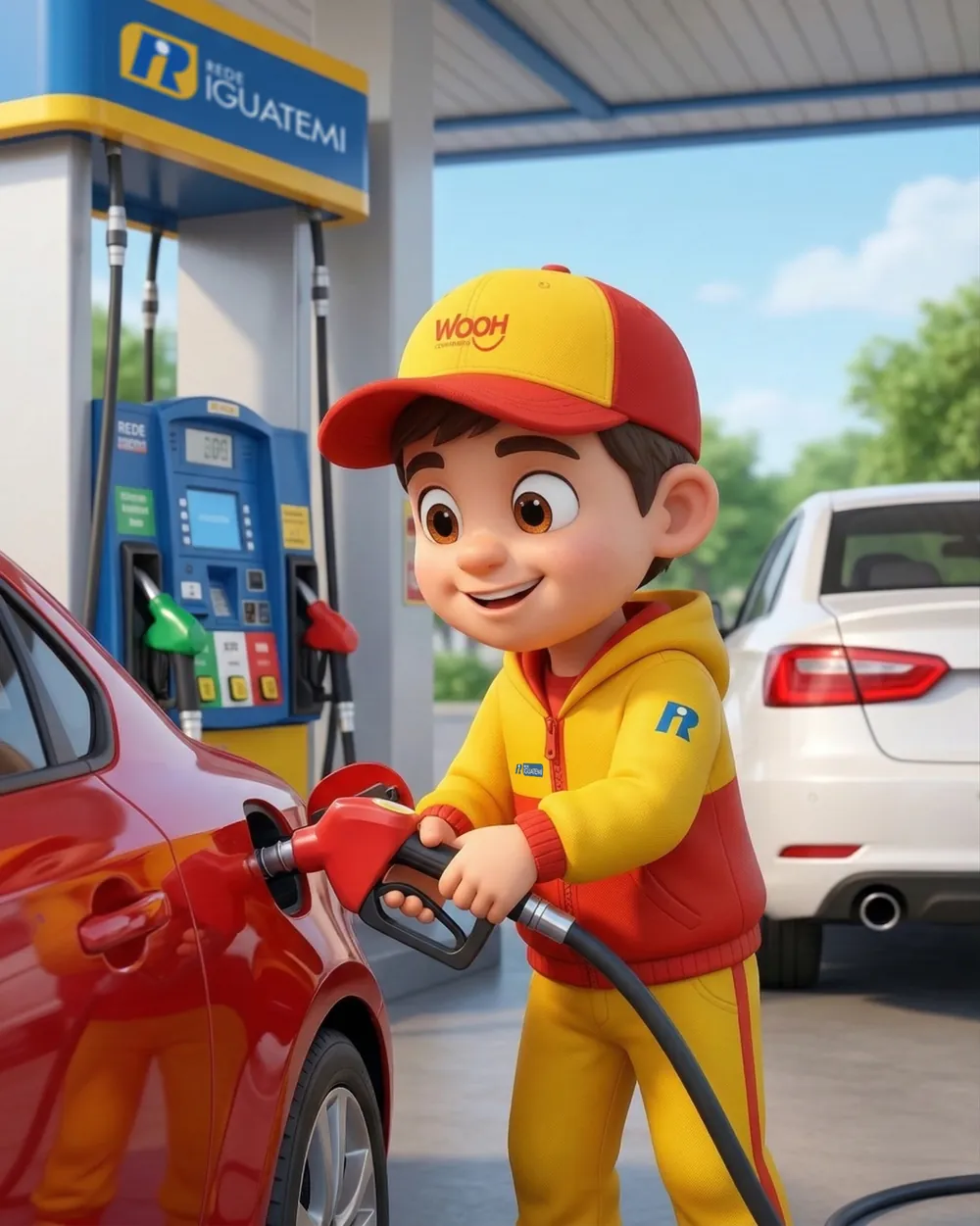 Woozinho abastecendo um carro vermelho em um posto Iguatemi