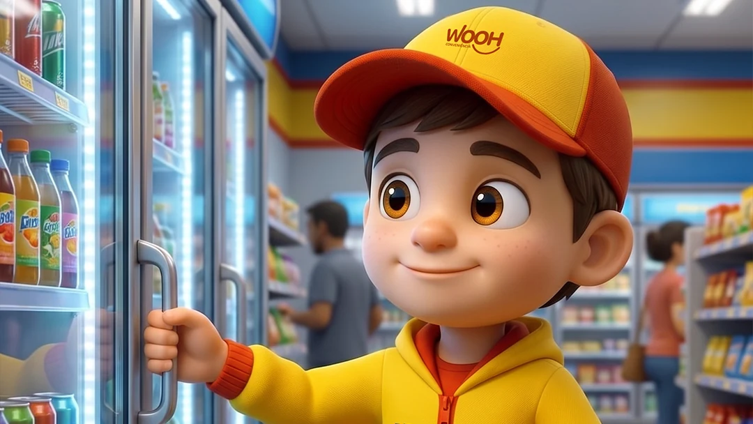 Woozinho, o mascote da Wooh, abrindo a geladeira de bebidas de uma loja de conveniência com uma cesta de salgadinhos na mão