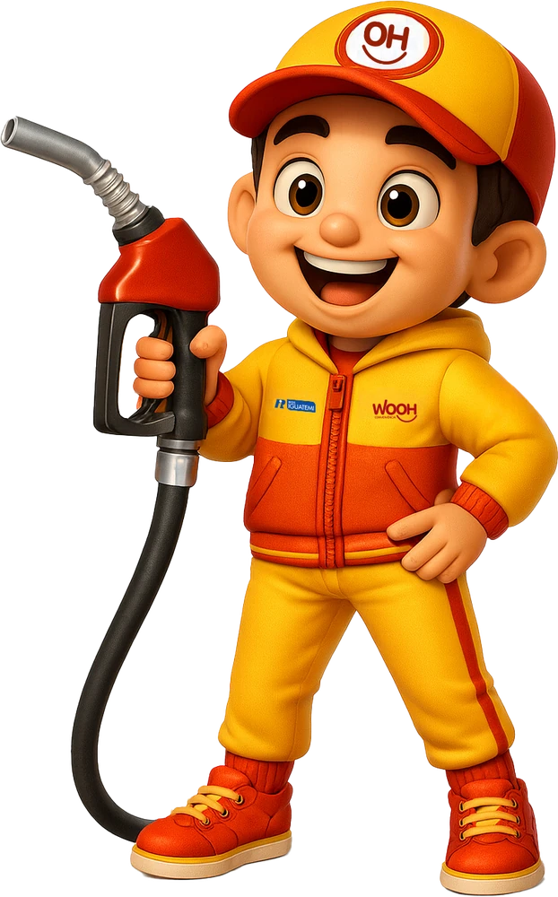 Woozinho, o mascote da rede, segurando uma bomba de combustível