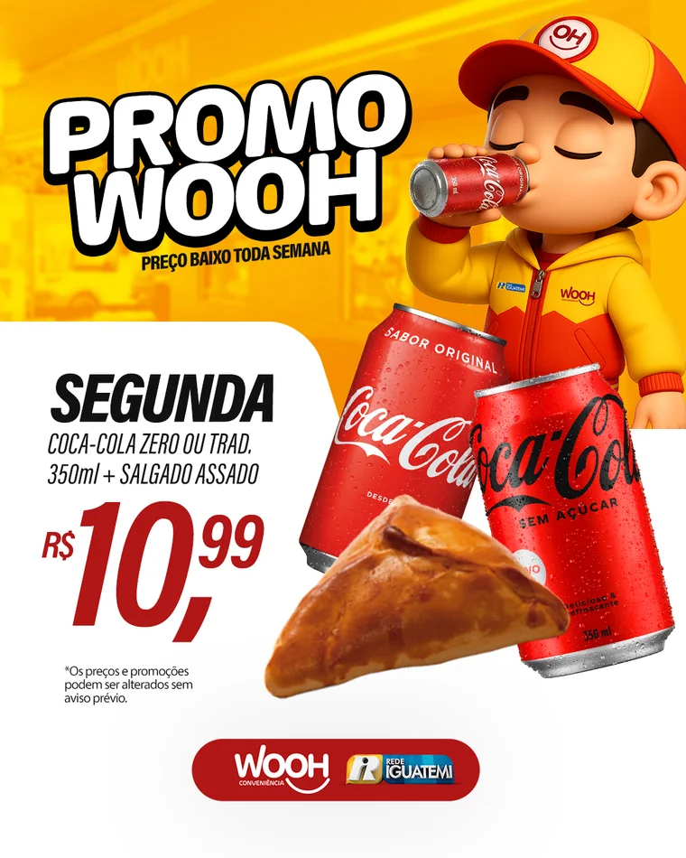Segunda: Coca-Cola zero ou tradicional de 350 ml mais salgado assado por R$ 10,99